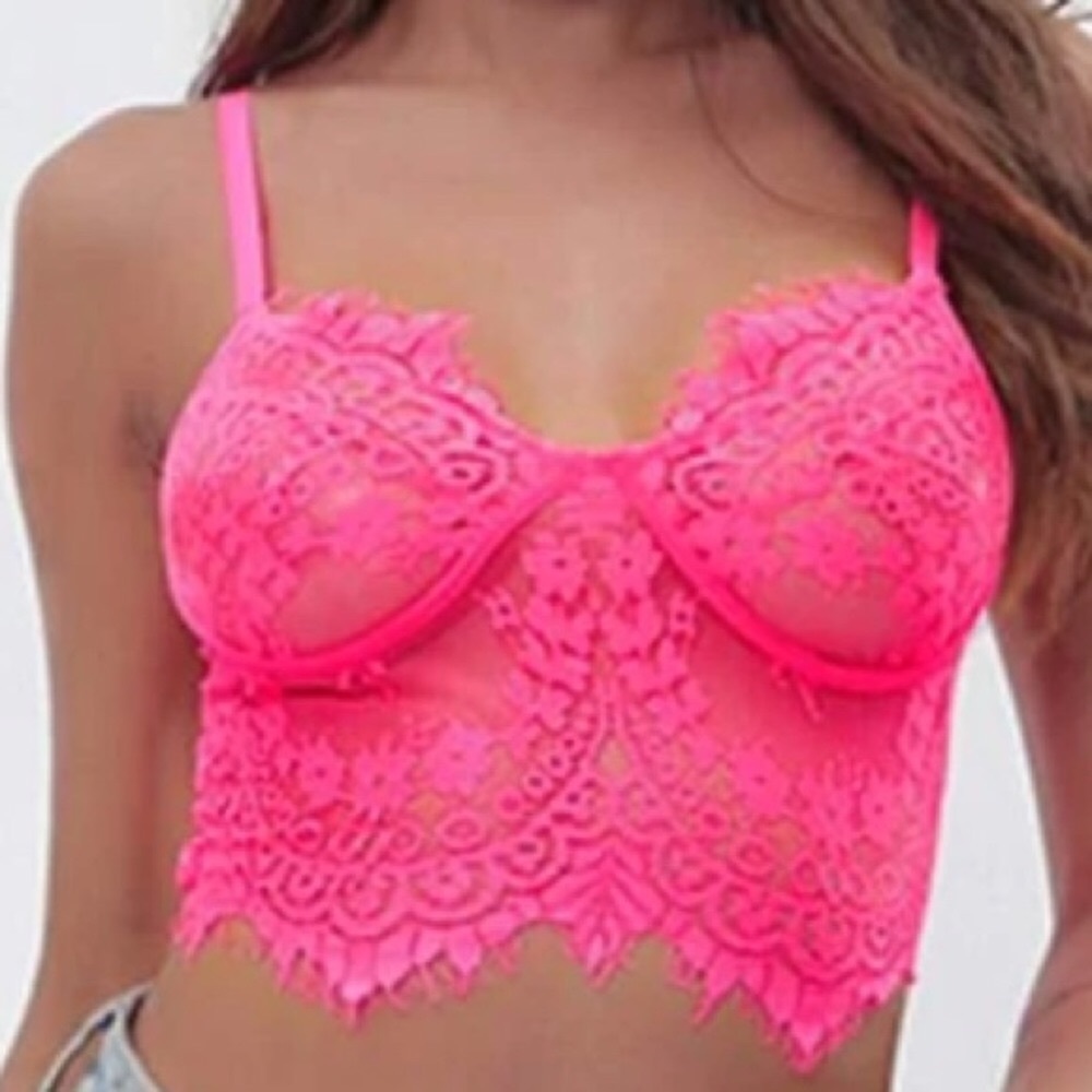 Sexy NEON PINK Longline Floral Lace Bustier Bralettes